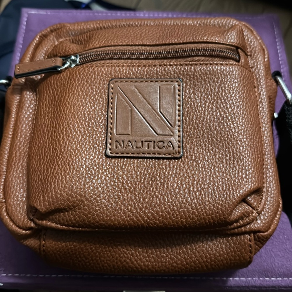 Nautica Brown Faux Leather camera bag. Crossbody purse with canvas strap.